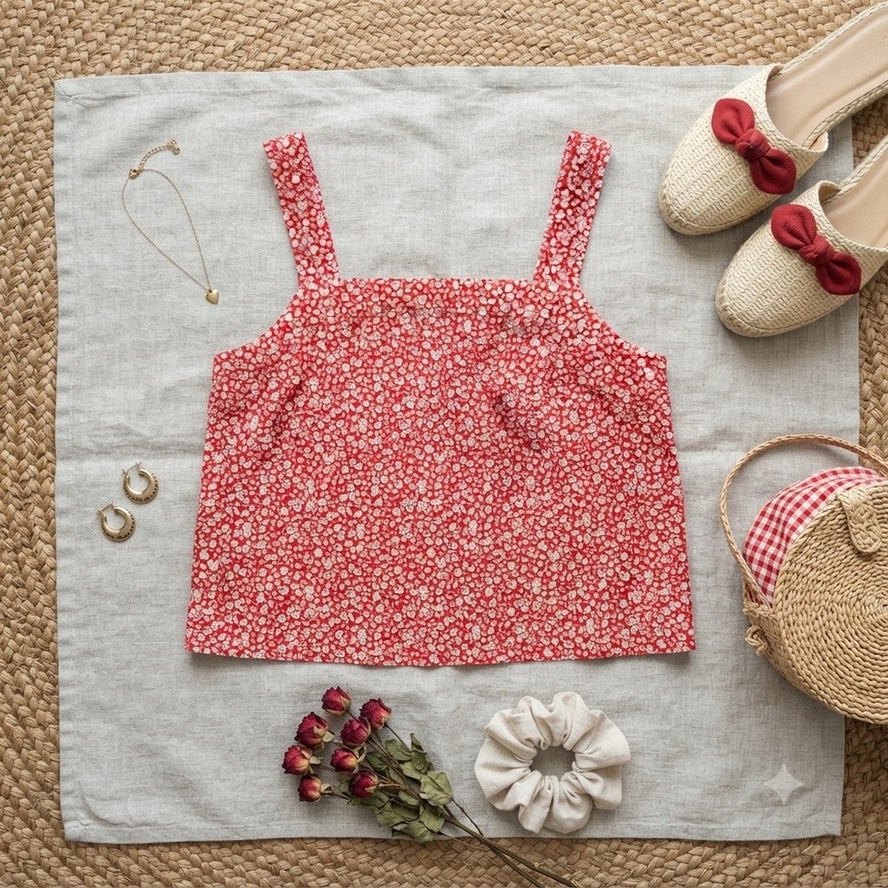 NWT Torrid Red Ditsy Floral Beach Linen Square Neck‎ Button Back Size 0 L 12